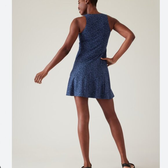 Athleta Navy Blue Santorini Thera Print High Neck Modal Shift Dress Athleisure S - Picture 2 of 8